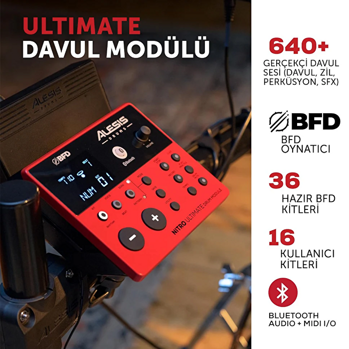 ALESIS Nitro Ultimate 9 Parça Elektronik Davul Seti (Bluetooth ve Hareketli Hi-Hat Özelliği ile)